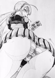  1girl ahoge archived_source ass ass_focus ass_shake bent_over dutch_angle from_behind grey_background greyscale hair_ribbon hairband hebijo_academy_school_uniform highres holding_ofuda jin_homuhomu light_blush long_hair looking_at_viewer looking_back low_twintails monochrome motion_lines open_mouth panties pleated_skirt ribbon ryoubi_(senran_kagura) sailor_collar school_uniform senran_kagura senran_kagura_shinovi_versus shirt short_sleeves simple_background skirt smile solo striped_clothes striped_panties third-party_source traditional_media twintails underwear very_long_hair 