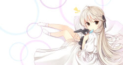 1girl annoyed antenna_hair black_ribbon brown_eyes circle dress eating food from_side full_body hair_between_eyes hair_ribbon holding holding_food holding_popsicle kasugano_sora kyuri_tizu long_hair looking_at_viewer looking_back no_shoes popsicle puffy_short_sleeves puffy_sleeves ribbon shadow short_sleeves sitting socks solo straight_hair stuffed_animal stuffed_rabbit stuffed_toy very_long_hair white_background white_dress white_hair white_socks yosuga_no_sora rating:Sensitive score:4 user:danbooru