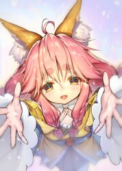  1girl ahoge animal_ear_fluff animal_ears bare_shoulders bow braid breasts fate/samurai_remnant fate_(series) fox_ears fox_girl fox_tail grey_skirt hair_between_eyes hair_bow heart japanese_clothes kimono long_hair looking_at_viewer mogullaz obi off_shoulder open_mouth outstretched_arms pink_hair sash short_eyebrows sidelocks skirt small_breasts smile solo tail tamamo_(fate) tamamo_aria_(fate) thick_eyebrows thighhighs twintails white_thighhighs wide_sleeves yellow_bow yellow_eyes yellow_kimono 