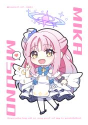  1girl absurdres blue_archive blue_bow blue_bowtie blush bow bowtie character_name chibi chibi_only commentary_request dress full_body hair_bun halo hand_up heart highres long_hair looking_at_viewer low_wings mika_(blue_archive) murasame_(sword_of_nmkr) open_mouth partial_commentary pink_hair pink_halo revision solo speech_bubble spoken_heart standing twitter_username very_long_hair w white_dress white_wings wings yellow_eyes 
