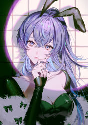  1girl absurdres alternate_costume animal_ears black_leotard black_nails blue_hair breasts cleavage commentary_request eyelashes fabnuu fake_animal_ears genderswap genderswap_(mtf) hand_up highres hoshirube_sho leotard long_hair looking_at_viewer medium_breasts multicolored_hair nail_polish nijisanji ponytail purple_eyes purple_hair rabbit_ears shadow solo streaked_hair virtual_youtuber 