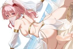  1girl absurdres antenna_hair arabian_clothes armlet ass back barefoot breast_curtains breasts chaos;head closed_mouth commentary_request dancer detached_sleeves dutch_angle from_behind gher5 gladiator_sandals gold_trim harem_outfit highres jewelry kneepits long_hair looking_at_viewer medium_breasts mouth_veil ocean one_side_up outdoors outstretched_arms panties pelvic_curtain pink_background pink_eyes pink_hair puffy_sleeves sakihata_rimi sandals see-through_clothes see-through_pelvic_curtain see-through_sleeves see-through_veil smile solo spread_arms thighs tiara toes underwear unworn_sandals veil white_panties white_veil 