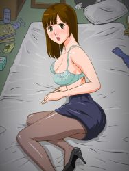  1girl bra breasts brown_eyes brown_hair cleavage ema_(artist) futon high_heels large_breasts lips long_hair looking_at_viewer open_mouth pantyhose skirt surprised underwear 