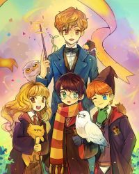  1girl 4boys bird blue_eyes bow bowtie bowtruckle brown_eyes brown_hair cat crest crookshanks demiguise fantastic_beasts_and_where_to_find_them glasses gloves green_eyes green_gloves harry_potter harry_potter_(series) hat hedwig hermione_granger highres mouse_(animal) multiple_boys necktie newt_scamander niffler one_eye_closed open_mouth orange_hair owl pleated_skirt robe ron_weasley scabbers scarf school_uniform skirt smile striped_clothes striped_neckwear striped_scarf time_paradox vest waistcoat wand wink wizarding_world  rating:General score:3 user:nrt