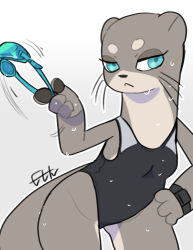  1girl :&lt; animal_ears bad_tag black_one-piece_swimsuit blue_eyes brown_fur competition_swimsuit cowboy_shot finger_twirl furry furry_female goggles hand_on_own_hip highres holding holding_goggles kadim leaning_forward ms._ota_(el-k) narrowed_eyes one-piece_swimsuit original otter_ears otter_girl otter_tail pear-shaped_figure shortstack signature standing swimsuit tail thick_eyebrows watch wet whiskers white_background wristwatch 