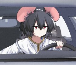 1girl car car_interior closed_mouth cookie_(touhou) drive_(movie) driving grey_hair jacket medium_hair motor_vehicle mouse_girl nazrin nyon_(cookie) red_eyes solo steering_wheel touhou traveler_hxy white_jacket 