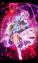 1girl border feet female_focus floating hairband heart highres komeiji_satori kono_lolicon_domome magic_circle outstretched_hand purple_eyes purple_hair sakurame short_hair socks solo stained_glass third_eye touhou white_socks rating:Questionable score:3 user:danbooru