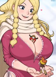  1boy 1girl 2girls afrobull between_breasts black_hair blonde_hair blue_eyes blush braid braided_bangs breasts cleavage eyelashes fake_horns gerd_(one_piece) giant giantess helmet highres horned_helmet large_breasts long_hair monkey_d._luffy multiple_girls nami_(one_piece) nami_(one_piece)_(elbaf) one_piece open_mouth orange_hair person_between_breasts short_hair size_difference  rating:Sensitive score:40 user:danbooru