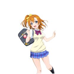  1girl bag bag_charm black_socks blue_eyes blue_skirt blush bow bowtie brown_sweater_vest charm_(object) clenched_hand cowboy_shot diagonal-striped_bow diagonal-striped_bowtie diagonal-striped_clothes dress_shirt hair_bow hands_up holding holding_bag index_finger_raised kneehighs kosaka_honoka looking_at_viewer love_live! love_live!_school_idol_festival love_live!_school_idol_project miniskirt official_art one_side_up open_mouth orange_hair otonokizaka_school_uniform plaid_clothes plaid_skirt pleated_skirt red_bow red_bowtie school_bag school_uniform shirt short_sleeves skirt smile socks solo standing striped_clothes sweater_vest teeth transparent_background upper_teeth_only white_shirt yellow_bow 