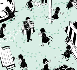  1boy 1girl absurdres animal avogado6 awning bag bench bug butterfly cat cattail child dog dress faceless footprints formal_clothes glasses green_theme highres holding holding_ice_cream_cone ice_cream_cone insect monochrome open_mouth original plant pointing round_eyewear running sequential shoes shopping_bag standing suit 