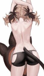  1girl arms_up ass back black_hair black_tail blonde_hair clothing_cutout facing_away from_behind gigi_murin highres holding_own_arm hololive hololive_english multicolored_hair naokomama solo stretching tail topless_female twintails two-tone_hair virtual_youtuber 