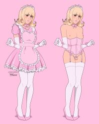  1boy absurdres artist_name blonde_hair brown_eyes chastity_cage colored_chastity_cage corset crossdressing deviantart_username dress elbow_gloves gloves high_heels highres long_hair multiple_views original patreon_username pink_background pink_corset pink_dress pink_horizons pink_shoes shoes simple_background testicles thighhighs trap watermark web_address white_gloves white_thighhighs 