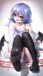  1girl absurdres awei_chaoyong bat_wings black_thighhighs blue_hair blush bra_visible_through_clothes cameltoe cleft_of_venus highres looking_at_viewer magic_circle no_shoes pussy red_eyes remilia_scarlet school_swimsuit see-through_clothes shirt short_hair sitting smell soles solo steaming_body sweat swimsuit thighhighs tongue tongue_out touhou wet wet_clothes wet_shirt wings 