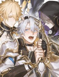  !? ... 3boys absurdres alternate_form antenna_hair armor black_choker black_cloak black_gloves black_shirt blonde_hair blue_eyes blush choker clawed_gauntlets cloak coat commentary cracked_skin fingerless_gloves flame_reaver_of_the_deepest_dark gloves hair_between_eyes headpat highres holding holding_sword holding_weapon honkai:_star_rail honkai_(series) hood hood_up hooded_cloak male_focus matuka10101 multiple_boys multiple_persona open_mouth parted_bangs pauldrons phainon_(honkai:_star_rail) phainon_(khaslana)_(honkai:_star_rail) shirt short_hair shoulder_armor single_glove single_pauldron spoken_ellipsis sweat sword symbol-only_commentary weapon white_coat white_hair yellow_eyes 