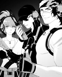  00a3af_231 1girl 2boys assault_rifle bandana baseball_cap clark_still dog_tags fingerless_gloves gloves greyscale gun hat headphones highres holding holding_walkie-talkie ikari_warriors leona_heidern mature_male military monochrome multiple_boys muscular muscular_male ponytail radio_handset ralf_jones rifle sleeveless sniper_rifle sunglasses tank_top the_king_of_fighters the_king_of_fighters_xv walkie-talkie weapon  rating:General score:1 user:danbooru