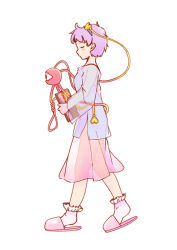  1girl ahoge black_hairband blue_shirt blush_stickers book breasts closed_eyes commentary_request frilled_socks frills from_side full_body hair_ornament hairband heart heart_hair_ornament holding holding_book komeiji_satori long_sleeves medium_breasts messy_hair pink_skirt purple_hair rangycrow see-through_clothes shirt short_hair simple_background skirt slippers socks solo third_eye touhou u_u walking white_background 