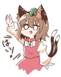  1girl :3 :d animal_ear_fluff animal_ear_piercing animal_ears arm_up bow bowtie brown_hair cat_ears cat_tail chen commentary_request cowboy_shot cropped_legs double-parted_bangs earrings fang hair_between_eyes hat jewelry long_sleeves mob_cap multiple_tails nekomata open_mouth puffy_long_sleeves puffy_sleeves red_skirt red_vest salute shiromamekei short_hair simple_background single_earring skirt skirt_set smile solid_circle_eyes solo straight-arm_salute tail touhou two_tails v-shaped_eyebrows vest white_background white_bow white_bowtie 