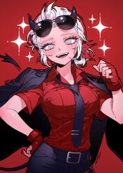 1girl black_necktie commentary demon_girl demon_horns demon_tail eyewear_on_head grey_eyes helltaker helltaker_(character) highres horns justice_(helltaker) looking_at_viewer necktie open_mouth paulandcookie red_background red_shirt shirt smile solo sunglasses tail 