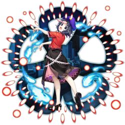  1girl black_shoes black_skirt blue_eyes blue_hair chinese_clothes danmaku full_body game_cg hat hat_ornament highres hitodama jiangshi lace-trimmed_sleeves lace_trim loafers looking_at_viewer looking_back miyako_yoshika newsboy_cap official_art ofuda open_mouth outstretched_arms pale_skin petticoat red_shirt rotte_(1109) shirt shoes short_hair short_sleeves skirt solo star_(symbol) star_hat_ornament tangzhuang ten_desires third-party_source tombstone touhou touhou_lostword transparent_background zombie_pose 