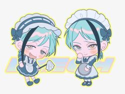  2boys black_dress black_shoes blue_bow blue_hair blush_stickers bow brothers character_name chibi closed_mouth collared_dress commentary crossdressing dot_nose dress dress_shoes duster earrings fang floyd_leech frilled_sleeves frills full_body grey_eyes hair_between_eyes hand_on_own_hip hand_up heterochromia holding holding_duster holding_plate jade_leech jewelry long_sleeves looking_at_viewer maid maid_headdress male_focus male_maid miyaii17 multicolored_hair multiple_boys open_mouth piercing plate shoes short_hair siblings sleeve_cuffs smile socks streaked_hair symbol-only_commentary twins twisted_wonderland white_background white_socks yellow_eyes 