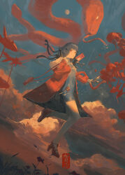  1girl absurdres animal black_hair blue_dress chinese_zodiac cloud cloudy_sky coat commentary commentary_request dress english_commentary envelope fingerless_gloves fish flower flying_animal full_body gloves highres holding holding_envelope long_hair long_sleeves looking_at_viewer mixed-language_commentary moon nail_polish original outdoors oversized_animal red_bag red_coat red_eyes red_nails red_shoes shoes signature sky snake snake_hair solo tassel year_of_the_snake zygocactus 