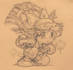 1girl ainu_clothes chibi fingerless_gloves gloves highres kneeling legs long_hair monochrome nakoruru pants parted_lips samurai_spirits sketch snk solo the_king_of_fighters thighs traditional_media