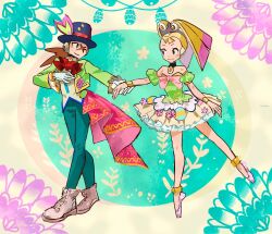  1boy 1girl axl_(mega_man) bare_shoulders blonde_hair blue_eyes brown_hair cairngorm999 cross_scar dancing detached_hair dress green_dress green_jacket green_pants highres jacket long_hair mega_man_(series) mega_man_x_(series) one_eye_closed pallette_(mega_man) pants scar 