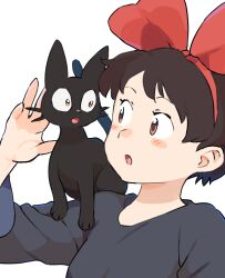  1girl :o animal animal_on_shoulder black_cat black_hair blush_stickers cat cat_on_shoulder gan2 hairband highres jiji_(majo_no_takkyuubin) kiki_(majo_no_takkyuubin) majo_no_takkyuubin open_mouth red_eyes red_hairband short_hair simple_background white_background  rating:General score:3 user:danbooru