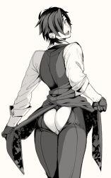 10s 1boy ass ass_cutout back_cutout clothing_cutout coattails dress_shirt eyepatch from_behind gloves greyscale hair_over_one_eye insitsukun long_sleeves looking_at_viewer looking_back male_focus monochrome presenting revealing_layer shirt shokudaikiri_mitsutada short_hair sleeves_rolled_up smile solo touken_ranbu vest waistcoat rating:Sensitive score:38 user:danbooru
