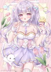  1girl :o animal animal_ears bare_shoulders between_breasts blush breasts cleavage collar commentary_request detached_collar easter_egg egg egg_hair_ornament flower food food-themed_hair_ornament frilled_skirt frills grey_hair hair_between_eyes hair_ornament hairclip hands_up highres holding holding_food ice_cream ice_cream_cone kohinata_hoshimi long_hair looking_at_viewer medium_breasts necktie necktie_between_breasts open_mouth original pennant pink_flower pleated_skirt purple_necktie purple_skirt rabbit rabbit_ears red_eyes skirt solo string_of_flags striped_clothes striped_thighhighs thighhighs tulip two_side_up vertical-striped_clothes vertical-striped_thighhighs very_long_hair white_collar wing_collar wrist_cuffs 