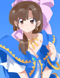 1girl aa_megami-sama belldandy belldandy_(cosplay) blue_background blue_dress bow breasts brown_hair cleavage collarbone cosplay dress earrings gold_earrings gold_necklace hair_bow hair_over_shoulder highres inoue_kikuko jewelry large_bow large_breasts long_hair looking_at_viewer low-tied_long_hair necklace parted_bangs pink_bow ranma_1/2 smile solo tendou_kasumi voice_actor_connection yostxxx 