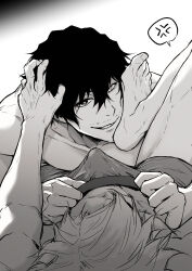  2boys anger_vein beard_stubble blue_lock bulge chuma_a_a collarbone facial_hair feet greyscale hair_between_eyes hand_on_another&#039;s_head highres looking_at_another male_focus male_underwear monochrome multiple_boys oliver_aiku sendou_shuuto short_hair smile speech_bubble spoken_anger_vein stubble toned toned_male underwear underwear_only yaoi 