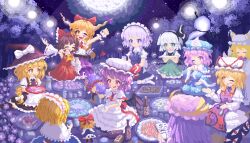  02charaice20 6+girls :d ;d absurdres alcohol alice_margatroid animal_ears animal_hat ankle_socks apron arm_bow arm_on_another&#039;s_shoulder arm_up ascot banquet belt black_belt black_bow black_hairband black_hat black_skirt black_vest blonde_hair blue_hat blue_kimono blue_sash blue_shirt blue_skirt blue_tabard blue_vest blunt_bangs blunt_ends book bottle bow bow_hairband braid capelet chain collared_dress collared_shirt commentary cuffs cup detached_sleeves dress english_commentary facing_viewer flower food fox_tail frilled_apron frilled_bow frilled_dress frilled_hairband frilled_skirt frilled_wrist_cuffs frills from_behind gap_(touhou) gourd green_bow green_dress hair_bow hairband hakurei_reimu handcuffs hat hat_ribbon highres hitodama holding holding_book holding_cup holding_gourd holding_plate horn_ornament horn_ribbon horns ibuki_suika immaterial_and_missing_power izayoi_sakuya japanese_clothes kimono kirisame_marisa konpaku_youmu konpaku_youmu_(ghost) long_sleeves medium_hair mob_cap mug multiple_girls multiple_hair_bows night night_sky on_floor one_eye_closed open_mouth outdoors party patchouli_knowledge pinafore_dress pink_hair pixel_art plate pouring puffy_short_sleeves puffy_sleeves purple_eyes purple_hair purple_hat purple_ribbon purple_skirt purple_tabard pyramid_(geometry) red_ascot red_bow red_eyes red_hairband red_ribbon red_shirt red_skirt remilia_scarlet ribbon ribbon-trimmed_skirt ribbon-trimmed_sleeves ribbon_trim saigyouji_yuyuko sailor_collar sakazuki sake sash seiza shanghai_doll shirt short_sleeves side_braids sitting skirt skirt_set sky sleeveless sleeveless_dress smile socks star_(sky) starry_sky tabard tail tokkuri torn_clothes torn_sleeves touhou tree triangular_headpiece two-tone_hairband vest waist_apron white_apron white_capelet white_dress white_hair white_hairband white_hat white_ribbon white_sailor_collar white_shirt white_sleeve_cuffs white_socks white_wrist_cuffs wide_sleeves witch_hat wrist_cuffs yakumo_ran yakumo_yukari yellow_ascot yellow_eyes yellow_ribbon yokozuwari 