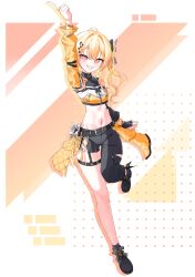  1girl absurdres black_gloves blonde_hair breasts fingerless_gloves gloves hair_between_eyes highres hololive hololive_dev_is hololive_idol_uniform_(color_rise) mpdb6 navel official_alternate_costume orange_eyes orange_hair otonose_kanade pants side_ponytail small_breasts smile solo thigh_strap thighs torn_clothes torn_pants virtual_youtuber white_background 