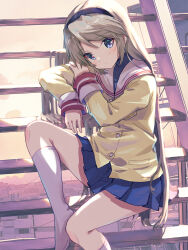  1girl akayama_yukihe backlighting black_hairband blazer blue_eyes blue_shirt blue_skirt blush buttons clannad closed_mouth commentary_request day expressionless foot_out_of_frame grey_hair hairband head_rest head_tilt highres hikarizaka_private_high_school_uniform jacket knee_up kneehighs long_hair looking_at_viewer miniskirt no_shoes outdoors pleated_skirt sailor_collar sakagami_tomoyo school_uniform serafuku shirt sitting sitting_on_stairs skirt socks solo stairs straight_hair turtleneck very_long_hair white_sailor_collar white_socks yellow_jacket 