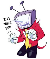  1boy ant_tenna belt_buckle buckle claw_pose colliholly commentary cropped_legs crt deltarune english_commentary english_text evil_smile fangs gloves highres long_nose male_focus necktie object_head pointy_nose simple_background smile solo tailcoat white_background white_gloves yellow_necktie 