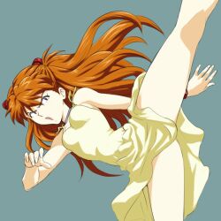  1girl :o amondetauro ass bare_arms bare_legs bare_shoulders blue_eyes brown_hair dress hair_ornament highres interface_headset_(evangelion) kicking leg_up legs_apart long_hair looking_to_the_side neon_genesis_evangelion open_mouth shiny_skin simple_background solo souryuu_asuka_langley standing standing_on_one_leg sundress twintails very_long_hair yellow_dress  rating:Sensitive score:110 user:fakyuh
