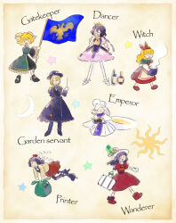  6+girls altan_barometz apron bag bely black_dress black_hair black_hat black_shirt black_skirt black_vest blouse boots bottle bow bowtie braid briefcase brown_jacket capelet chibi collared_shirt dress ellen_(touhou) flag full_body gokyou_akira green_capelet grey_hair hair_ribbon hairband hat highres holding holding_bag holding_flag horns houzuki_(hotondo) jacket klara_nevsky long_hair magician&#039;s_aerial_dream mana_gloriosa multiple_girls original purple_hair red_dress red_hairband red_ribbon red_shorts ribbon sheep_horns shirt short_hair shorts skirt suit_jacket touhou touhou_(pc-98) twin_braids vest white_apron white_hat 