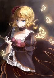  1girl beatrice_(umineko) black_background black_dress blonde_hair blue_eyes blunt_bangs boombi bow braid braided_bun breasts bug butterfly chinese_commentary choker cleavage closed_mouth collarbone commentary_request dress flower frilled_choker frilled_sleeves frills hair_bun hair_flower hair_ornament highres holding holding_smoking_pipe insect kiseru long_sleeves looking_at_viewer medium_breasts pink_bow puffy_long_sleeves puffy_sleeves red_flower short_hair sidelocks smile smoking_pipe solo standing strapless strapless_dress umineko_no_naku_koro_ni wide_sleeves yellow_butterfly 