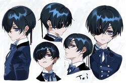  1boy absurdres adam&#039;s_apple arrow_(symbol) bishounen blue_eyes blue_jacket blue_ribbon buttons ciel_phantomhive closed_mouth commentary_request cropped_shoulders crossed_bangs double-breasted earrings eyelashes eyepatch highres jacket jewelry kuroshitsuji lapels looking_to_the_side male_focus neck_ribbon one_eye_covered parted_bangs piercing ribbon sanpaku sideways_glance stud_earrings suit_jacket sweatdrop tei(_te_i_328) white_background 
