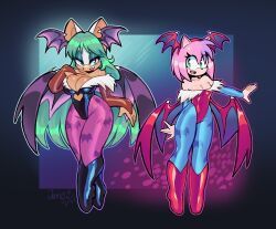  2girls amy_rose animal_print aqua_hair bat_girl bat_print bat_wings boots breasts bridal_gauntlets clothing_cutout cosplay darkstalkers fur-trimmed_leotard fur_trim furry furry_female head_wings heart_cutout hedgehog_girl highleg highleg_leotard highres jamoart large_breasts leotard lilith_(darkstalkers) lilith_(darkstalkers)_(cosplay) medium_breasts morrigan_aensland morrigan_aensland_(cosplay) multiple_girls off-shoulder_leotard pantyhose print_pantyhose purple_pantyhose purple_wings rouge_the_bat sonic_(series) trait_connection wings 