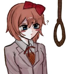  1girl ? blue_eyes blush bow closed_mouth doki_doki_literature_club doki_doki_literature_club_school_uniform emoti9546 formal_clothes grey_suit hair_bow highres looking_ahead noose red_bow sayori_(doki_doki_literature_club) school_uniform solo suit upper_body 