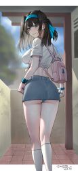  1girl arms_at_sides artist_name backpack bag blue_eyes blue_hairband blue_nails blue_panties blue_ribbon blue_sky blunt_ends blush brown_hair cloud commentary dated day english_commentary feet_out_of_frame fingernails from_behind graffiti grey_skirt hair_ribbon hairband half_updo highres kneehighs letterboxed long_fingernails long_hair looking_at_viewer looking_back microskirt nail_polish original outdoors outside_border panties panty_peek pencil_skirt pink_bag ribbon shirt short_sleeves signature skirt sky smile socks solo standing tied_shirt tile_floor tiles tree turning_head underwear white_shirt white_socks wristband zaenathi 