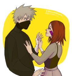  1boy 1girl alternate_universe artist_name bandaged_hand bandages black_eyes brown_hair closed_mouth commentary covered_mouth english_commentary facial_mark grey_hair hatake_kakashi highres instagram_logo instagram_username kiscsipet long_sleeves looking_at_another mask medium_hair mouth_mask naruto_(series) naruto_shippuuden nohara_rin shirt short_hair smile spiked_hair tumblr_logo tumblr_username turtleneck turtleneck_shirt 