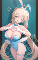  1girl ;d absurdres aqua_background bare_shoulders blonde_hair blue_eyes blue_leotard breasts checkered_background cleavage covered_navel cowboy_shot feathered_wings gloves hair_ornament heart heart_hands heart_o-ring highleg highleg_leotard highres large_breasts leotard long_hair looking_at_viewer low_wings o-ring o-ring_thigh_strap one_eye_closed open_mouth original skindentation smile solo strapless strapless_leotard thigh_strap thighs ttosom twintails white_gloves white_wings wings 