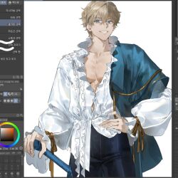  1boy art_program_in_frame blonde_hair blue_eyes cowboy_shot excalibur_galatine_(fate) fate/grand_order fate_(series) gawain_(fate) gawain_(fgo_fes._2025)_(fate) hand_on_hilt hand_on_own_hip long_sleeves looking_at_viewer male_focus open_mouth pectorals potato_goril shirt short_hair simple_background smile solo wavy_hair white_background white_shirt 