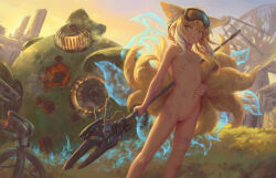  1girl animal_ears arknights bigrbear blonde_hair breasts completely_nude fox_ears fox_girl fox_tail goggles goggles_on_head green_eyes highres holding holding_polearm holding_weapon loli multiple_tails navel nipples nude outdoors polearm pussy ribs short_hair small_breasts solo standing suzuran_(arknights) tail uncensored weapon 