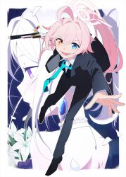  2girls absurdres back blue_archive blush breasts dress fang formal_clothes full_body gun halo heterochromia highres hina_(blue_archive) hina_(dress)_(blue_archive) holding holding_gun holding_weapon hoshino_(blue_archive) i211 long_hair multiple_girls open_mouth pink_hair pink_halo purple_dress purple_eyes small_breasts standing suit upper_body weapon white_hair 