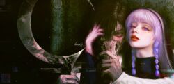  1boy 1girl absurdres black_eyes black_hair blue_eyes choujin_x cross cross_tattoo facial_tattoo hair_over_one_eye hand_on_another&#039;s_head harpe highres holding_sickle kartikeya_raut kurohara_tokio_(choujin_x) nun oil_painting_(medium) painting_(medium) red_lips shiruha_sora_(choujin_x) sickle signature tattoo traditional_media traditional_nun transformation twintails white_hair 