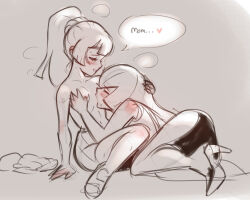  2girls bang_dacy bare_shoulders blunt_bangs blush breast_sucking closed_eyes curled_up flat_chest flat_chest_grab grabbing_another&#039;s_breast groping half-closed_eyes hand_on_another&#039;s_head heart high_heels high_ponytail incest lillie_(pokemon) lusamine_(pokemon) monochrome mother_and_daughter multiple_girls navel nintendo nipples pleated_skirt pokemon pokemon_sm ponytail sitting sketch skirt speech_bubble spoken_heart sweat topless_female yuri 